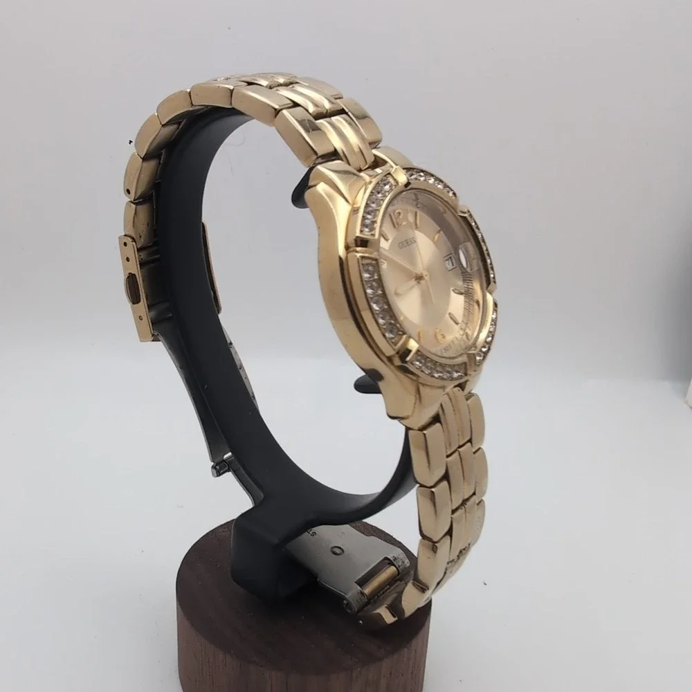Guess Women's UB5110L1 Waterpro Analog/Date Watch. Gold Tone w Crystal, Works.